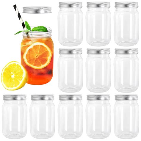 Bpa Free Mason Cocktail Cups 12 Pack Plastic Mason Jars 16Oz Clear Storage Containers With Lids Bpa Free Mason Jars