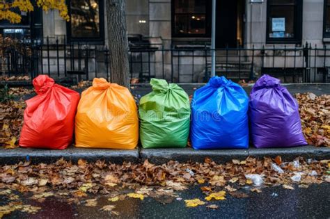 Brightly Colored Trash Bags Line The Curb Amid Fallen Leaves In An