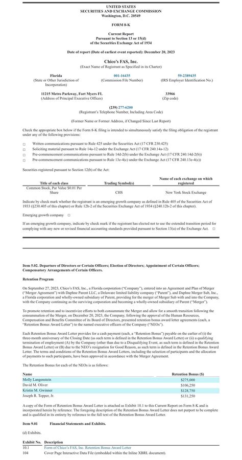 Chico S Fas Chs Announces Cash Retention Bonuses To Each Of Their Chico S Fas Chs Announces Cash Retention Bonuses To Each Of Their