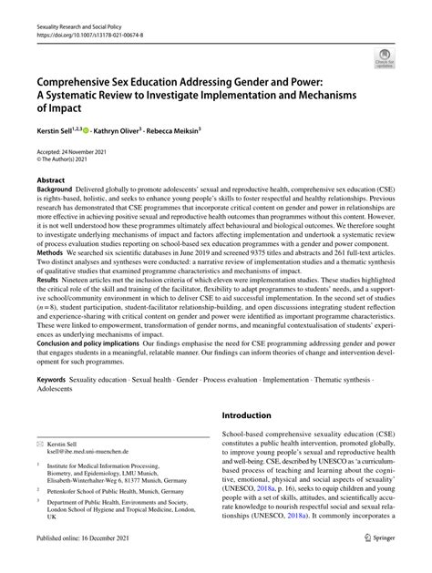 Comprehensive Sex Education Addressing Gender And Power A Systematic Review To Investigate Implementation And Mechanisms Of Impact Sexuality Research And Social Policy