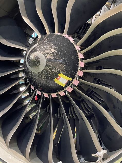 Detailed View Of High Bypass Turbofan Jet Engine Under Repair Stock Detailed View Of High Bypass Turbofan Jet Engine Under Repair Stock