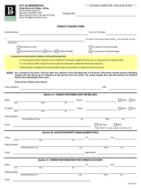 Fillable Online City Of Bremerton Account No Tenant Change Form