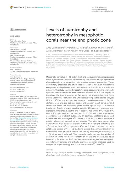 Frontiers Levels Of Autotrophy And Heterotrophy In Mesophotic Corals Near The End Photic Zone