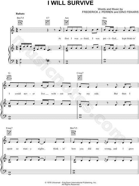 Gloria Gaynor I Will Survive Sheet Music In A Minor Transposable Download Print Sku Mn0038808