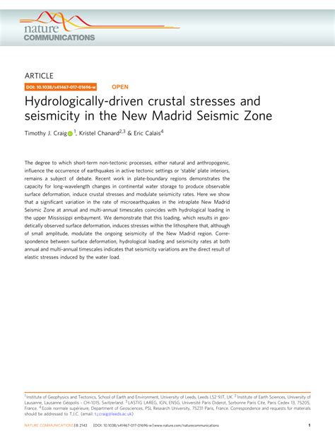 Hydrologically Driven Crustal Stresses And Seismicity In The New Madrid Seismic Zone Nature Communications Hydrologically Driven Crustal Stresses And Seismicity In The New Madrid Seismic Zone Nature Communications
