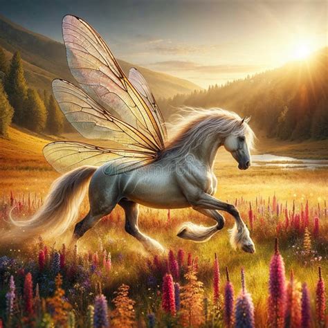 Majestic Winged Horse In Vibrant Meadow Ai Generated Digital Art