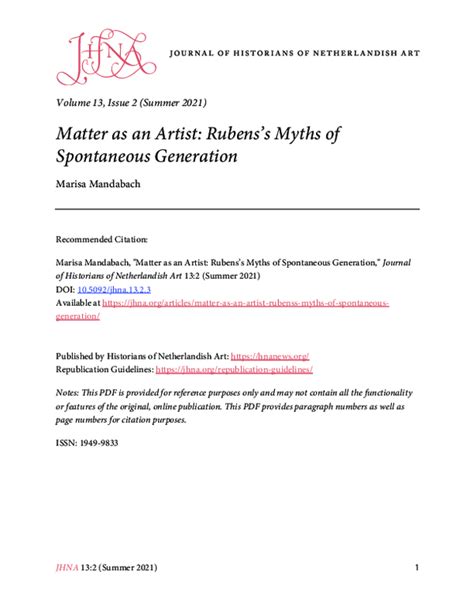 Matter As An Artist Rubens S Myths Of Spontaneous Generation Journal Of Historians Of Netherlandish Art