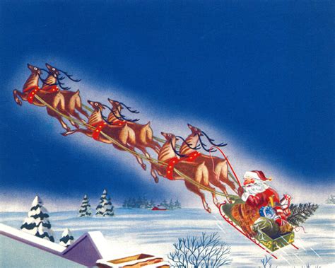 Merry White Christmas Santa Claus Flying Reindeer Sleigh Vintage Poster Repro Ebay