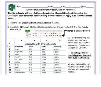 Microsoft Excel 2013 Activity Grocery List Utilizing Division Formula Microsoft Excel 2013 Activity Grocery List Utilizing Division Formula