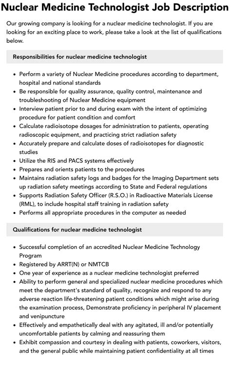Nuclear Medicine Technologist Job Description Velvet Jobs