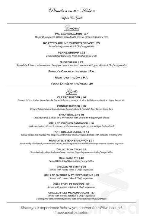 Pamela Amp 39 S On The Hudson Menu In Newburgh New York Usa