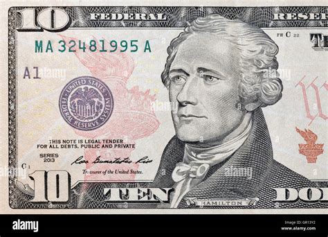 Portrait Of The Us President Alexander Hamilton On Ten Dollar Banknote
