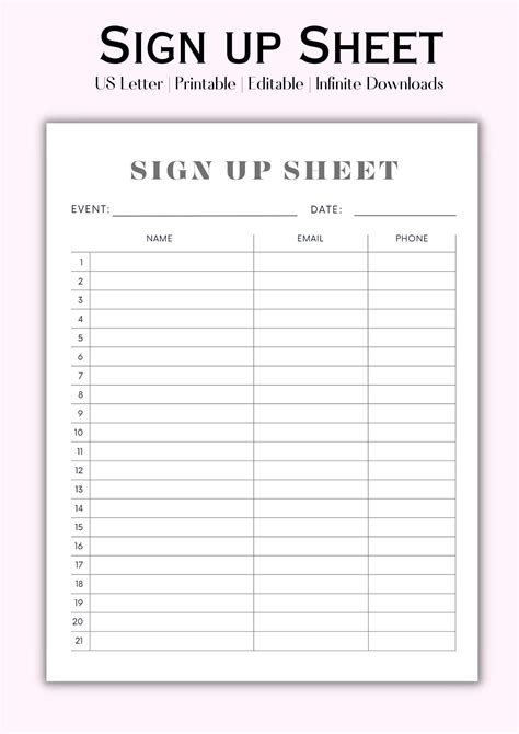 Printable Sign Up Sheet Editable Single Sign Up Form Event Sign Up