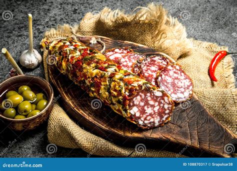 Salami Of Pork And Beef With Olives And Spices Stock Image Image Of Salami Of Pork And Beef With Olives And Spices Stock Image Image Of