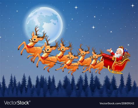 Santa Flying Sleigh With Reindeer At Night Royalty Free Vector Vectorstock