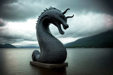 Statue Of Mythical Creature Loch Ness Monster By Lake Stock Statue Of Mythical Creature Loch Ness Monster By Lake Stock